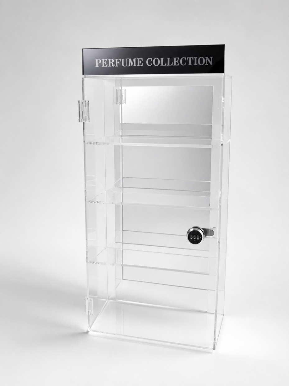 Clear acrylic perfume display cabinet with shelves, black perfume collection header, and combination lock