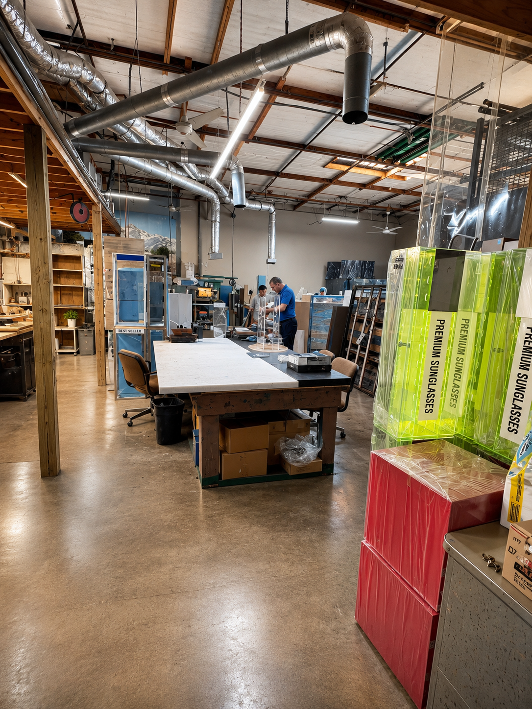 US Art Plastics workshop with fabrication tables and illuminated acrylic display towers in production