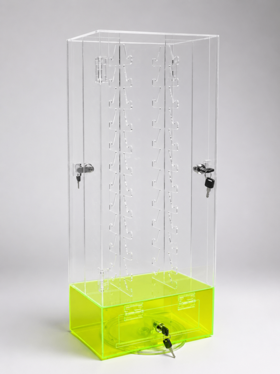 Clear lockable rotating eyewear tower with hook rows and neon green turntable base