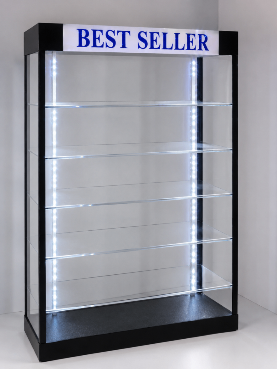 Black LED glass floor display case with illuminated Best Seller header and glass shelves