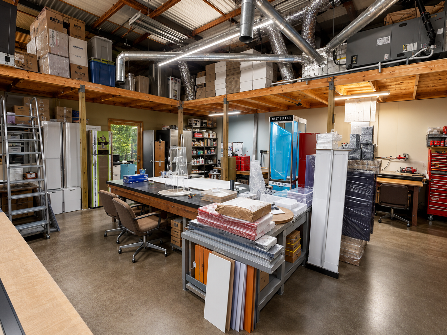 US Art Plastics production workspace with worktables, stocked mezzanine storage, and in-progress displays