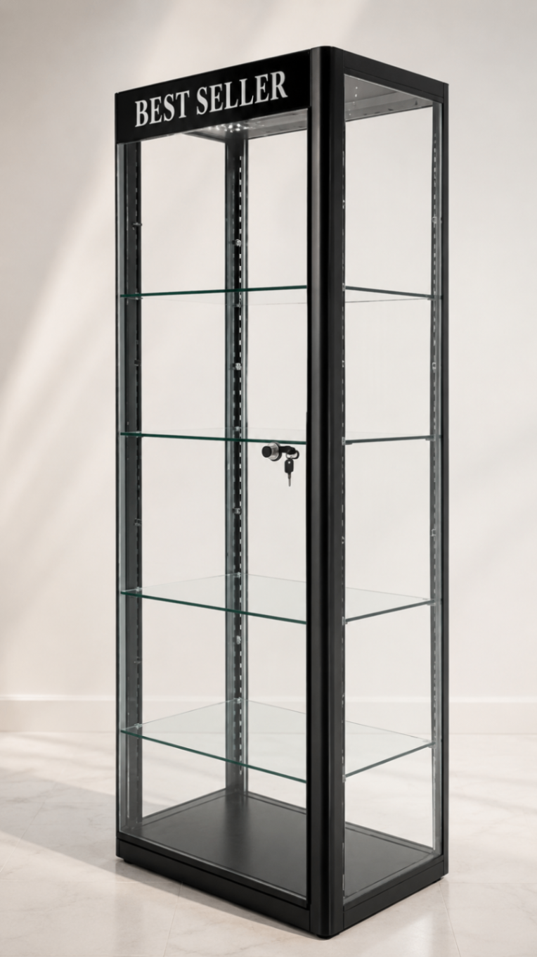 Tall black lockable glass tower display case with Best Seller header and glass shelves