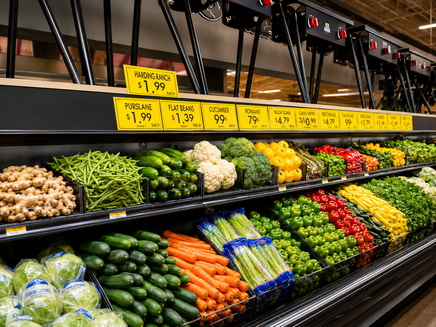 Wide grocery produce wall display rack with vegetables and yellow price signage