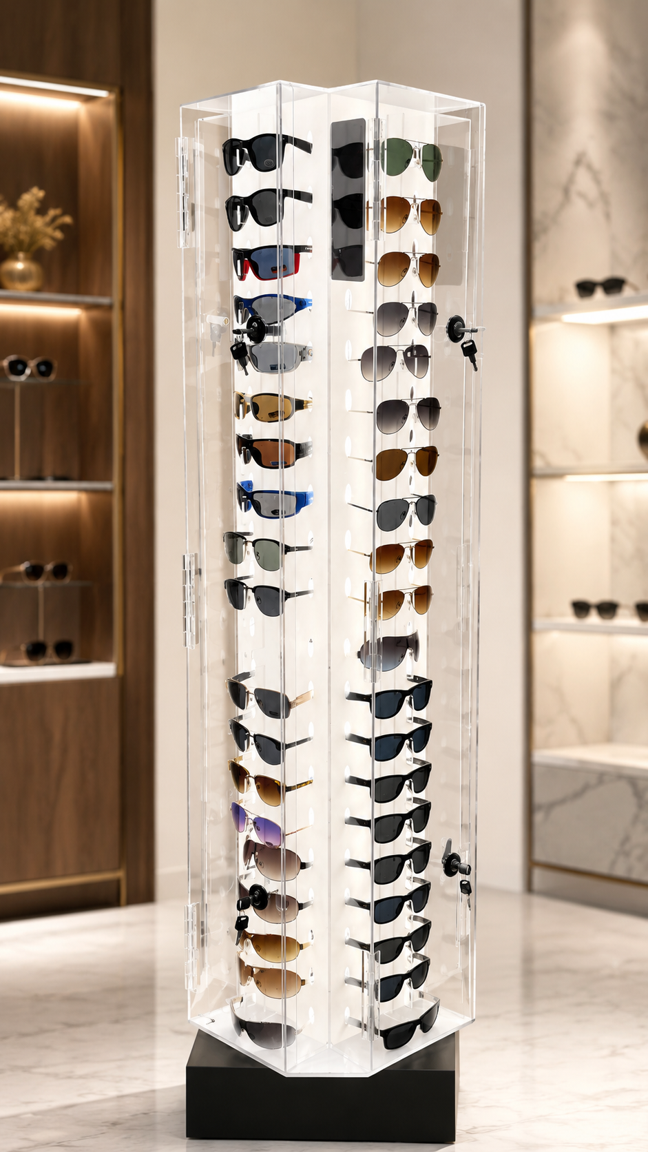 Tall illuminated acrylic rotating eyeglass display tower filled with sunglasses in a retail showroom