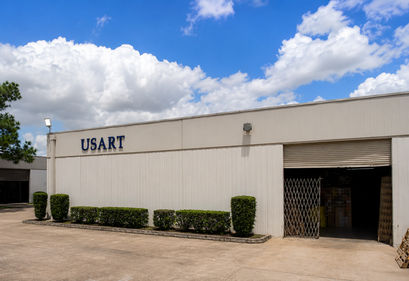 US Art Plastics facility exterior in Houston, Texas with the USART signage above the warehouse bay