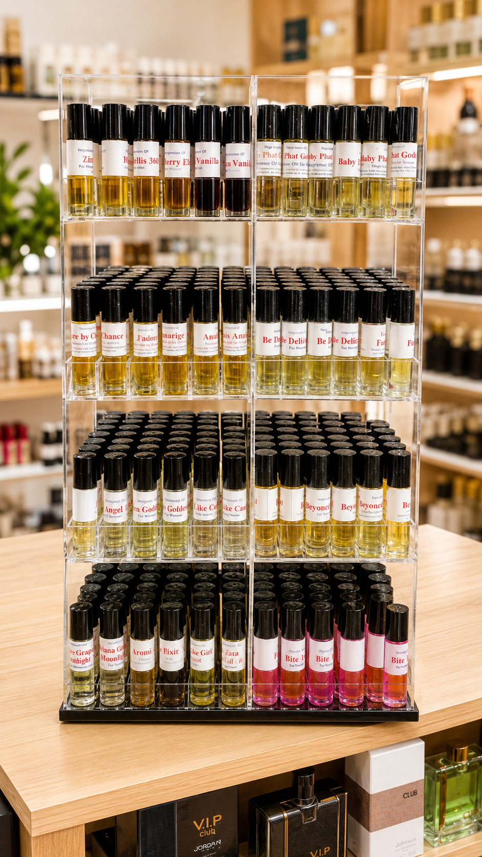Clear acrylic perfume tester display rack holding multiple rows of fragrance bottles