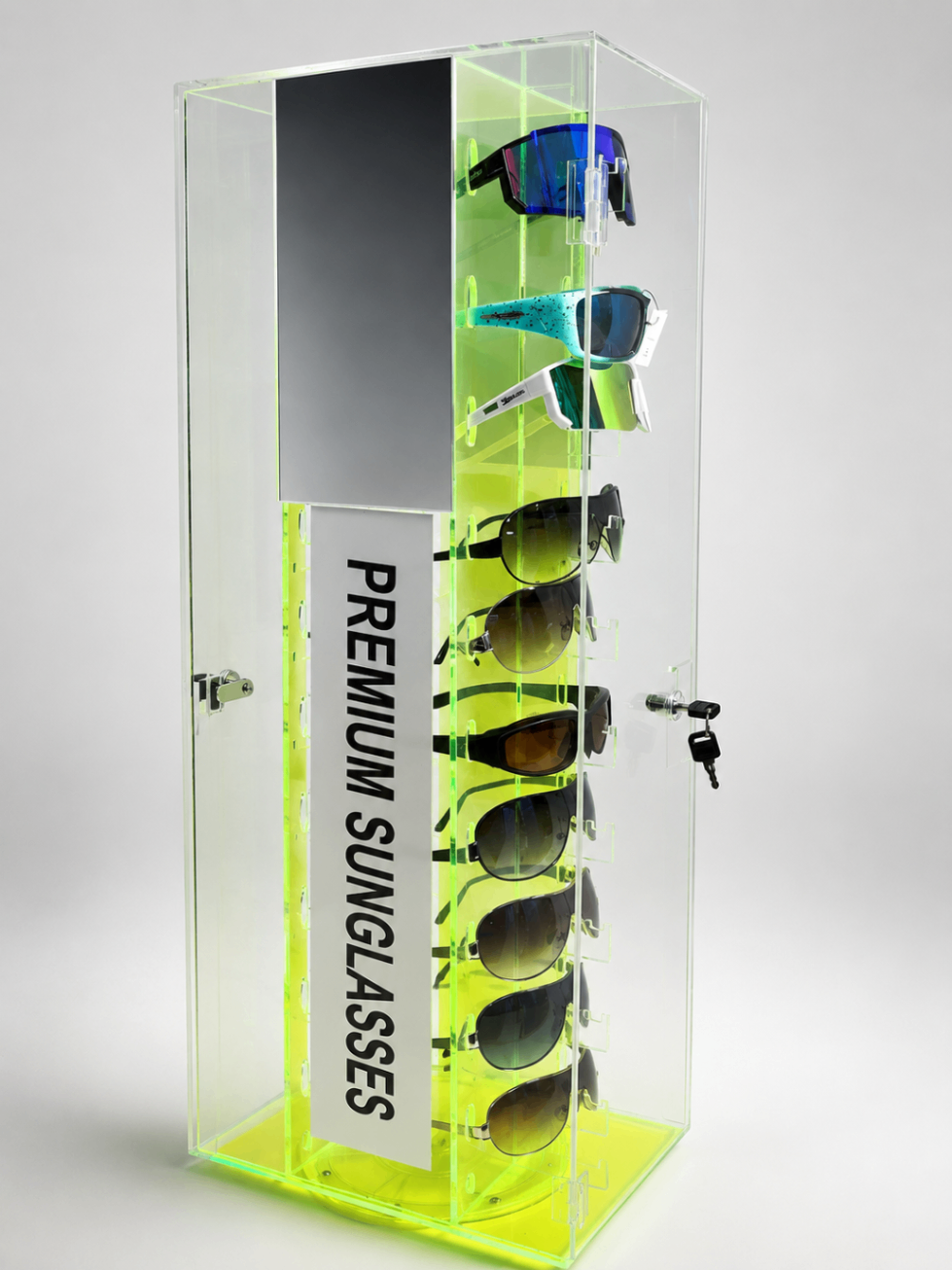 Clear rotating sunglasses display case with neon green base and premium sunglasses sign