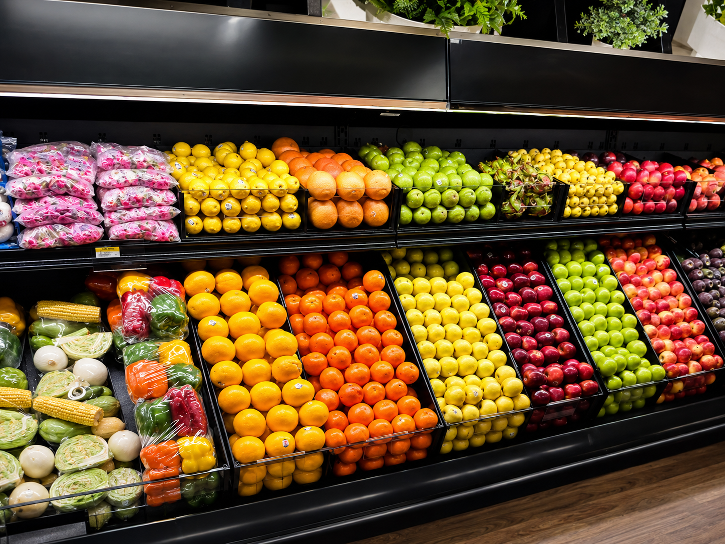 Fresh produce merchandising wall with angled black bins displaying fruit and vegetables
