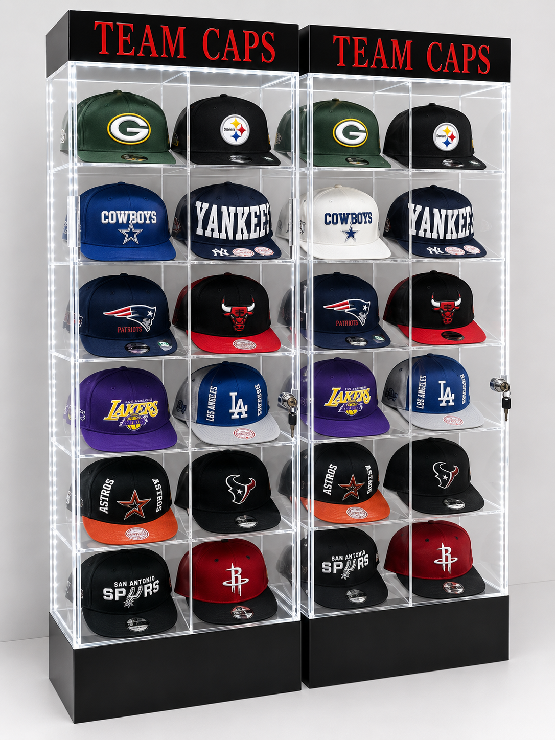 LED acrylic hat display cases with sports caps and illuminated Team Caps header panels
